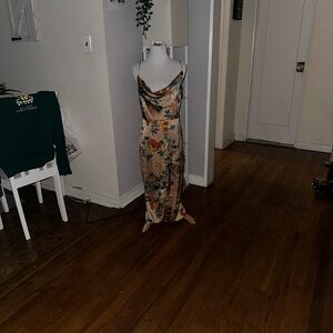 Thin strap lace up Floral Satin Dress in Gold